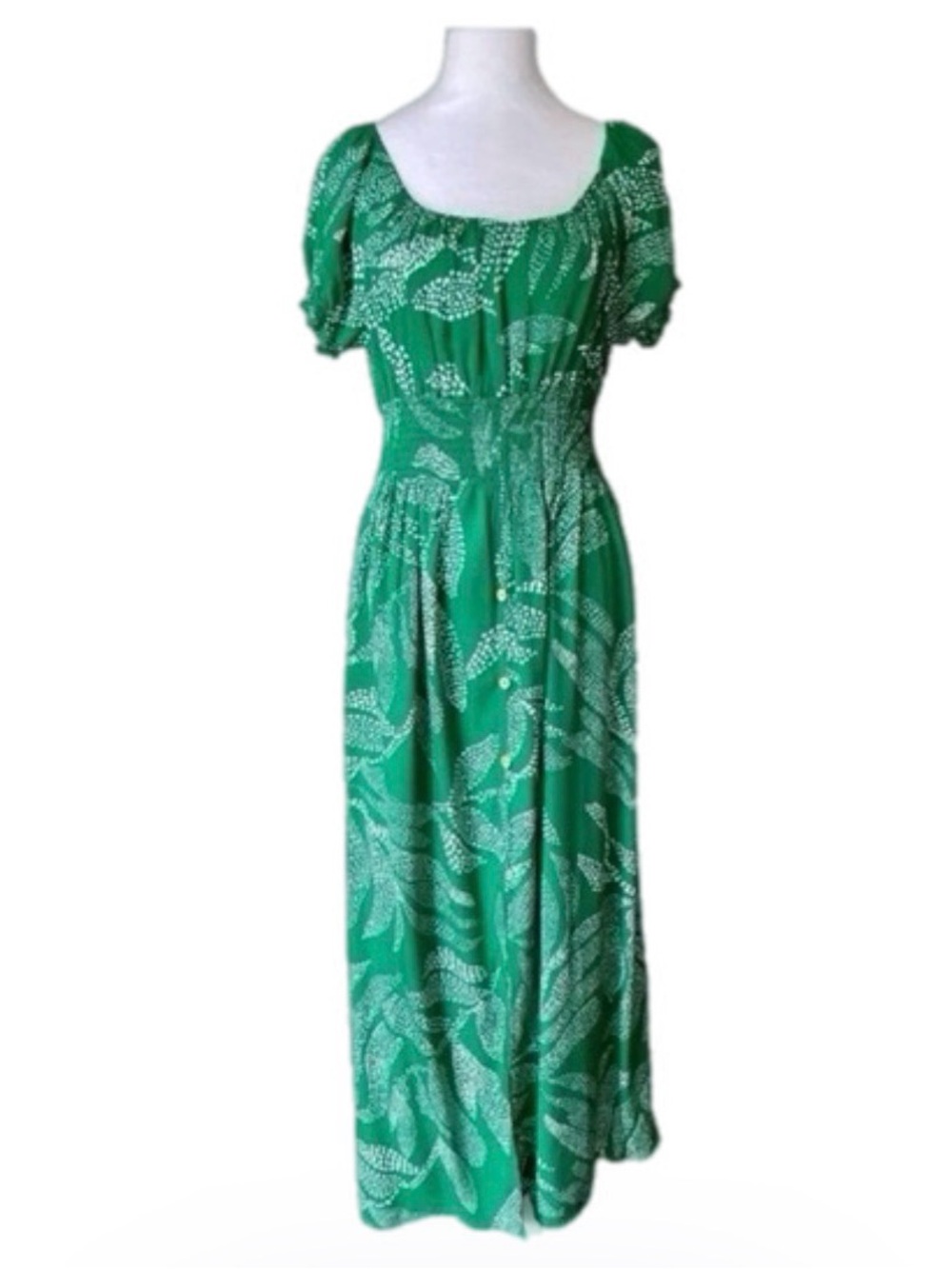 L Kindred Green Tropical Printed Puff-Sleeve Maxi Dress Women’s